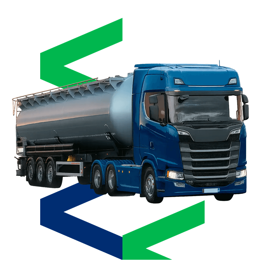 Transportador sorridente com elementos gráficos da Transdesk ao fundo