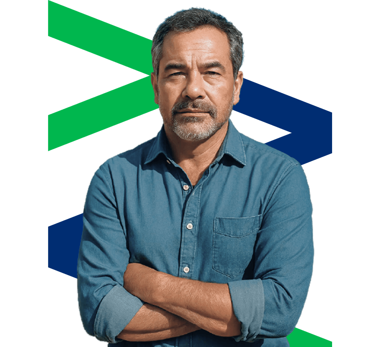 Homem com elementos gráficos da Transdesk ao fundo