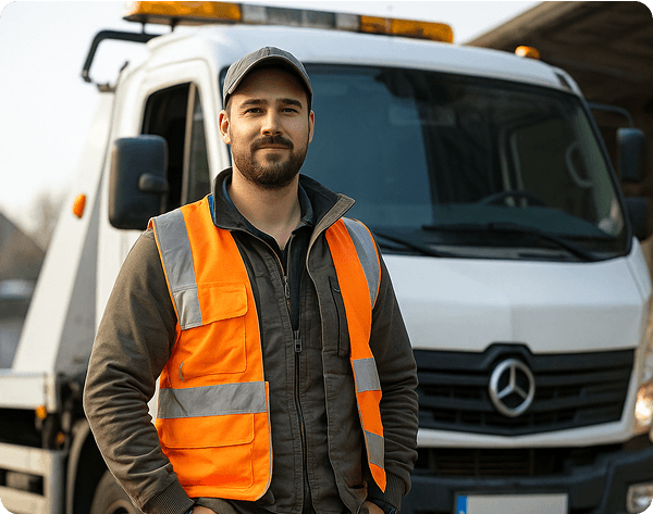 Profissional ao lado do caminhão